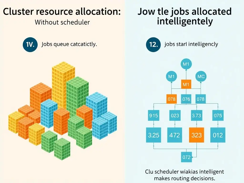 Cluster resource allocation visualization showing (1) without scheduler: jobs queue chaotically, some starving while others hog resources; (2) with scheduler: jobs allocated intelligently based on priorities, resource requirements, and policies; show the scheduler making intelligent routing decisions.