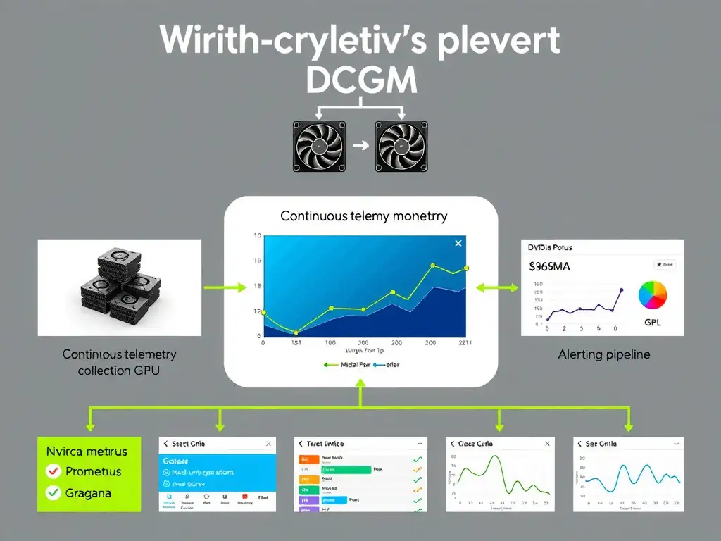 NVIDIA DCGM architecture showing continuous telemetry collection from multiple GPUs, health metric aggregation, alerting pipeline, and integration with enterprise monitoring stacks (Prometheus, Grafana, etc.).