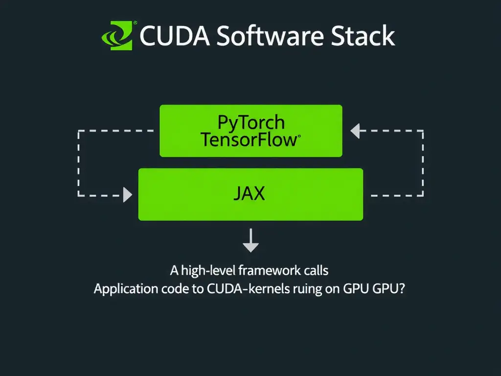 CUDA software stack diagram showing CUDA at the base (parallel computing platform), frameworks (PyTorch, TensorFlow, JAX) building on top of CUDA, and application code using those frameworks. Show the execution path from high-level framework call down to CUDA kernels running on GPU hardware.