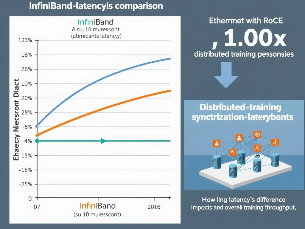 Latency comparison chart showing InfiniBand achieving sub-10 microsecond latencies across a range of message sizes, Ethernet with RoCE showing 10–100x higher latencies. Overlay a distributed training synchronization scenario showing how the latency difference impacts overall training throughput.
