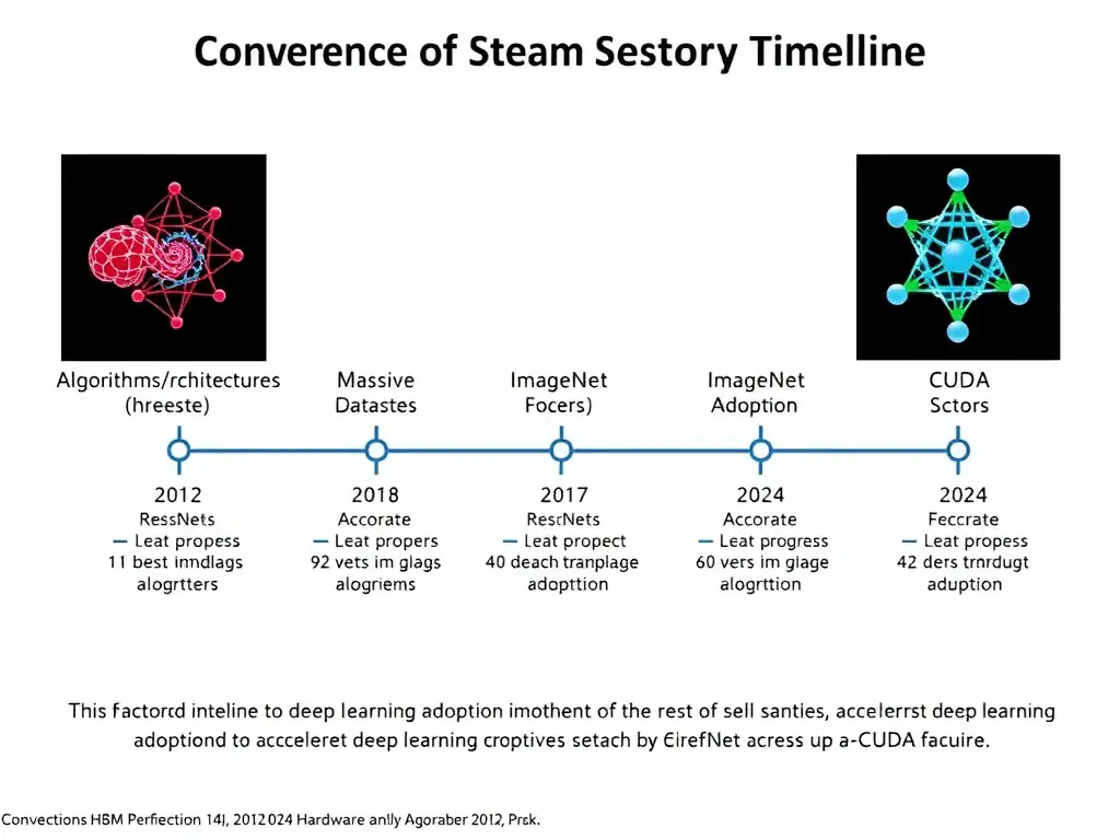 Timeline showing convergence of three factors (algorithms/architectures, massive datasets, GPU hardware) over the 2012–2024 period. Show how breakthroughs in each factor (ResNets, ImageNet, CUDA) aligned to accelerate deep learning adoption.