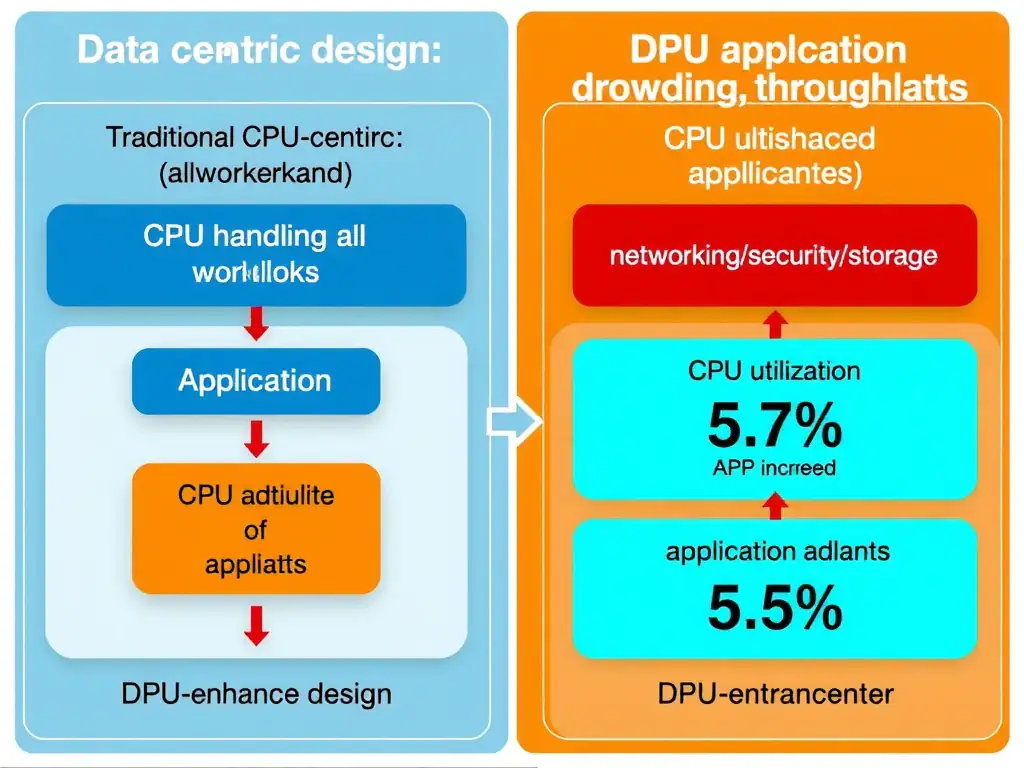 Data center architecture showing traditional CPU-centric design (CPU handling all workloads) versus DPU-enhanced design (CPU focused on applications, DPU handling networking/security/storage). Show CPU utilization dropping and application throughput increasing in the DPU-enhanced design.