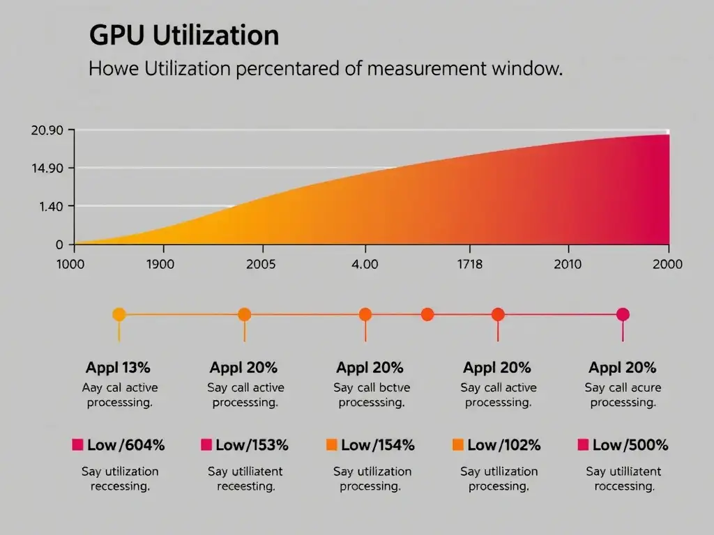GPU utilization timeline showing active processing periods (shaded) and idle/waiting periods (unshaded). Show how utilization is calculated as a percentage of the measurement window. Include examples of different utilization levels (high, medium, low) and their typical causes.