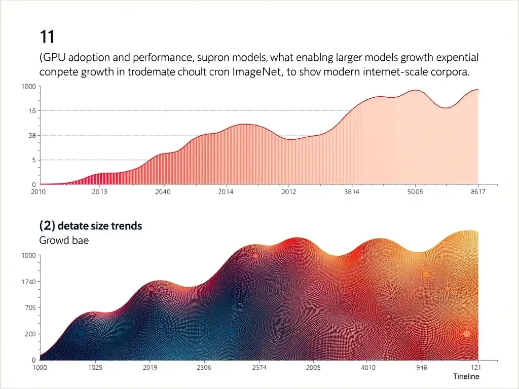 Two-panel timeline: (1) GPU adoption and performance over time, showing exponential compute growth enabling larger models; (2) dataset size trends, showing growth from ImageNet to modern internet-scale corpora. Overlay them to show convergence enabling modern AI.
