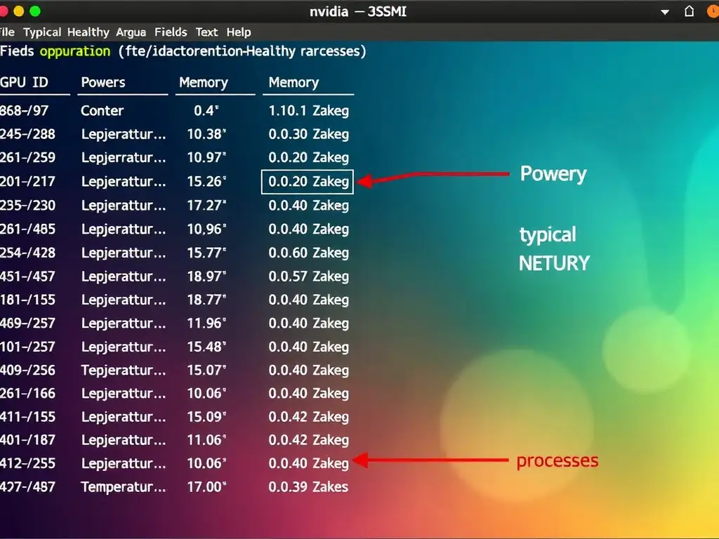 nvidia-smi output screenshot showing typical fields (GPU ID, temperature, power, memory, utilization, processes). Annotate each field with its meaning and typical healthy ranges.
