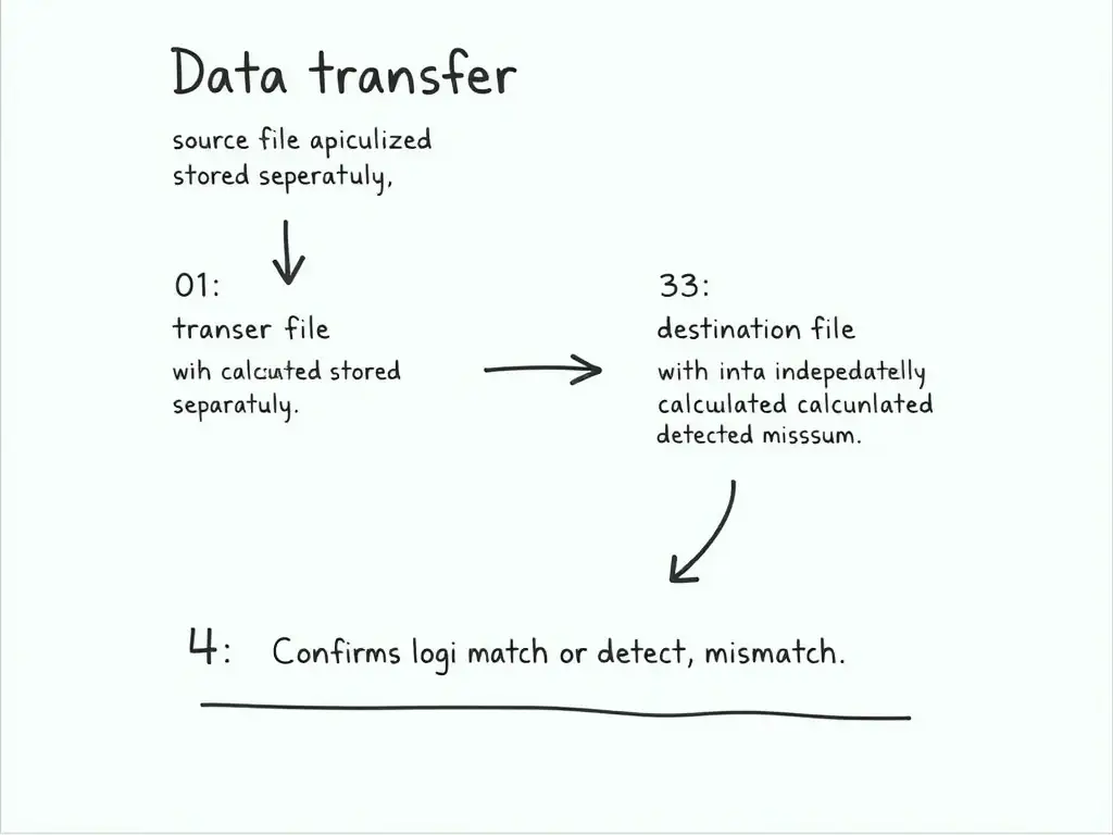 Data transfer workflow showing (1) source file with calculated checksum stored separately, (2) transfer path, (3) destination file with independently calculated checksum, (4) comparison logic confirming match or detecting mismatch.