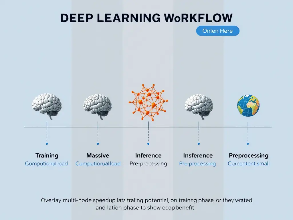 Deep learning workflow timeline showing relative compute demands of each phase. Training shown as massive computational load, inference as moderate, preprocessing as small. Overlay multi-node speedup potential on training phase to show the benefit.