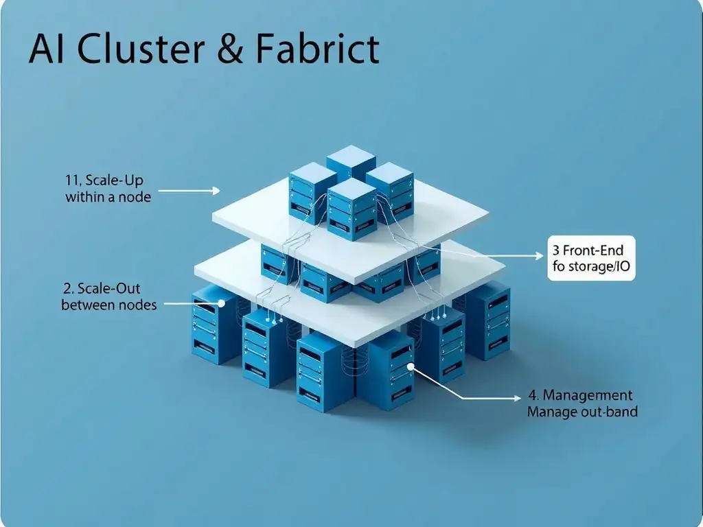 AI cluster node and fabric diagram showing the four distinct network layers: (1) Scale-Up within a node, (2) Scale-Out between nodes, (3) Front-End for storage/IO, (4) Management out-of-band. Show how traffic flows through different paths.