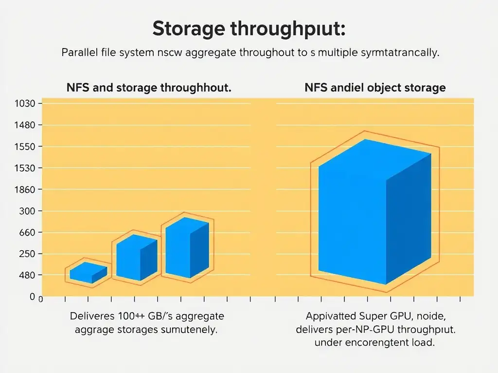 Storage throughput comparison showing parallel file system delivering 100+ GB/s aggregate throughput to multiple GPU nodes simultaneously, versus NFS and object storage delivering much lower per-GPU throughput under concurrent load.