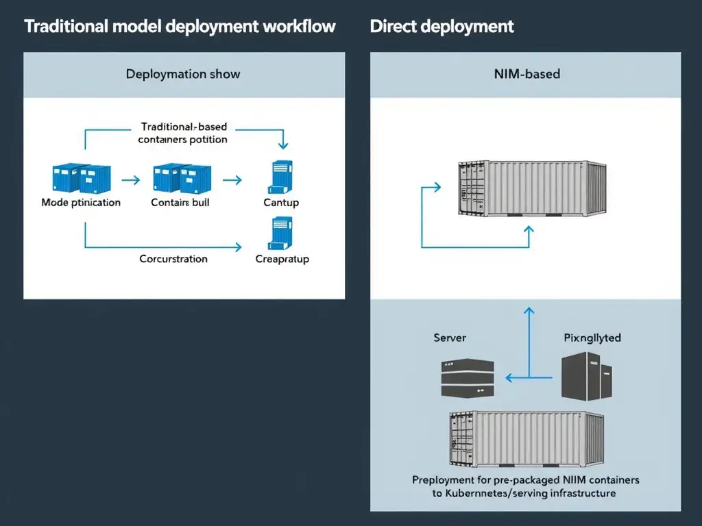Traditional model deployment workflow versus NIM-based deployment. Traditional shows multiple steps (model optimization, container building, server setup, orchestration). NIM-based shows direct deployment from pre-packaged NIM container to Kubernetes/serving infrastructure.