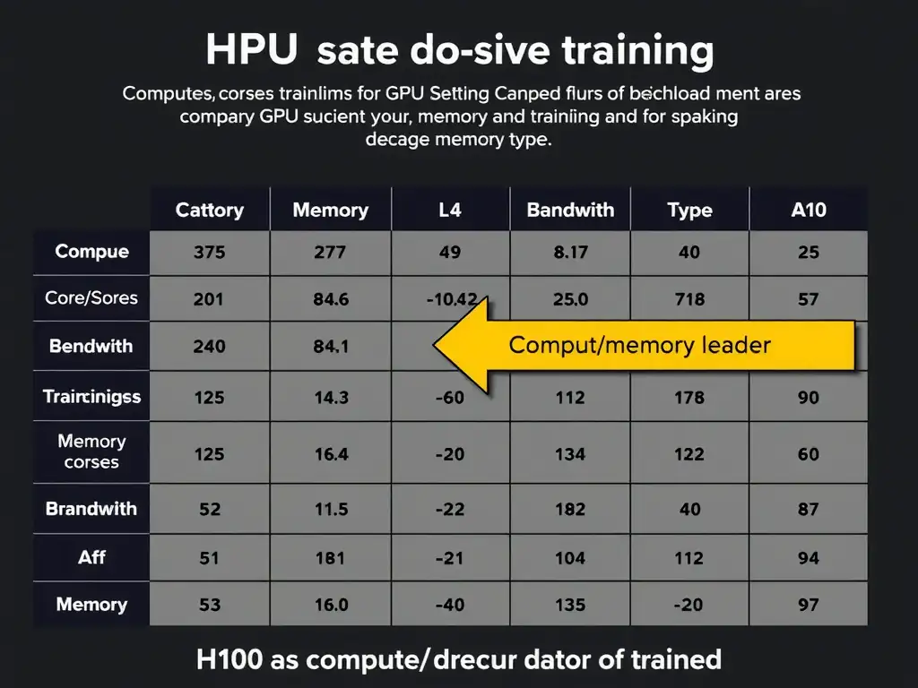GPU comparison matrix showing compute cores, memory, bandwidth, and memory type for H100 vs. L4 vs. A10. Highlight H100 as compute/memory leader for training.