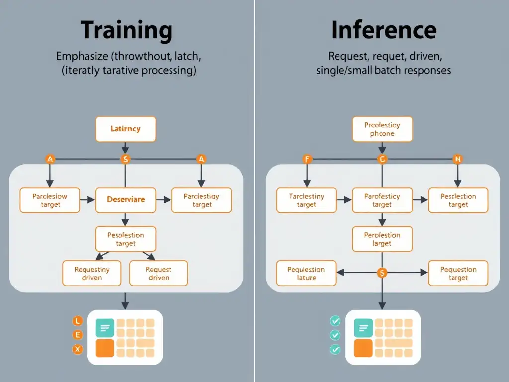 Side-by-side workflow diagrams for training (emphasizing throughput, large batches, iterative processing) and inference (emphasizing latency, request-driven, single/small batch responses). Show different optimization targets.
