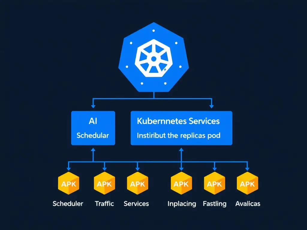 Kubernetes architecture showing scheduler placing AI workloads across nodes, and Kubernetes Services distributing traffic across multiple inference pod replicas. Highlight scheduling decisions and load balancing flow.