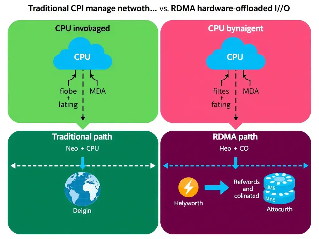 Traditional CPU-managed network I/O versus RDMA hardware-offloaded I/O. Show CPU involvement and latency in traditional path, and CPU bypass with hardware offload in RDMA path.