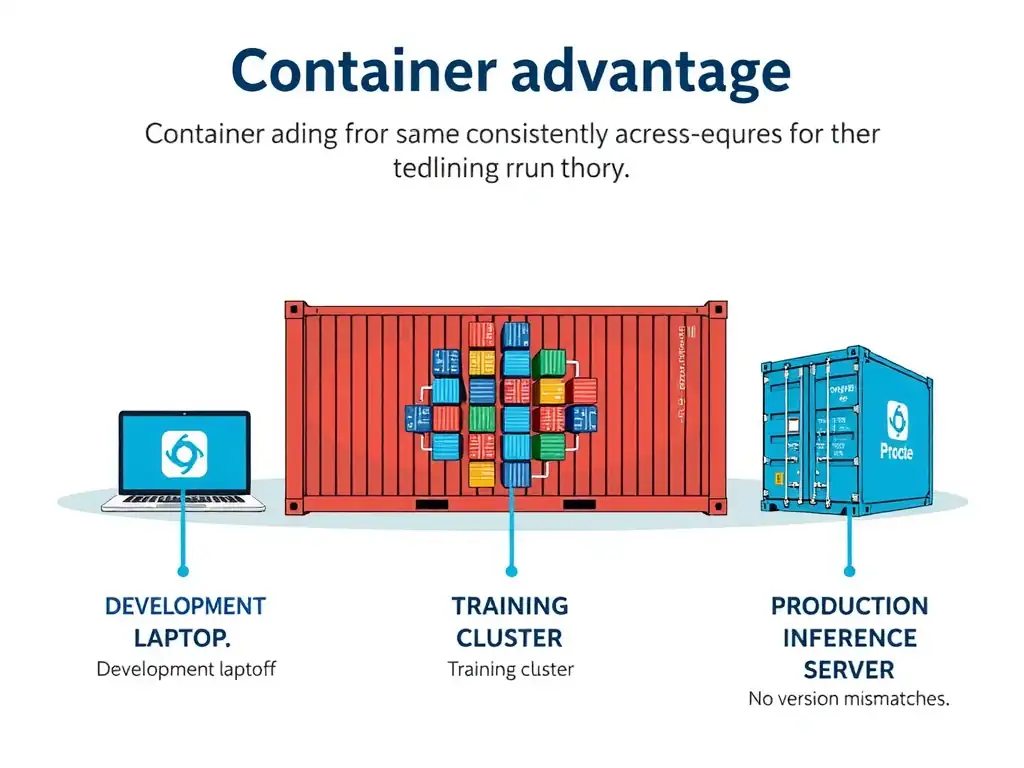 Container advantage diagram showing same container running consistently across development laptop, training cluster, and production inference server. No dependency drift, no version mismatches.