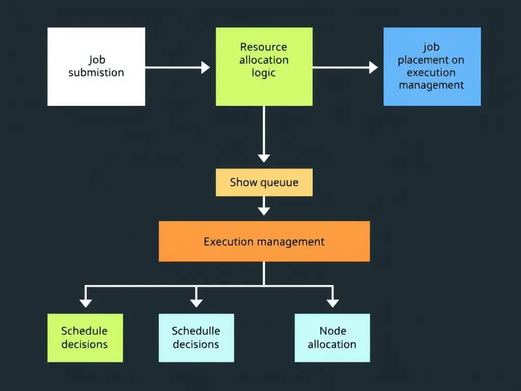 Slurm workflow showing job submission → resource allocation logic → job placement on available nodes → execution management. Show the queue, scheduling decisions, and node allocation.
