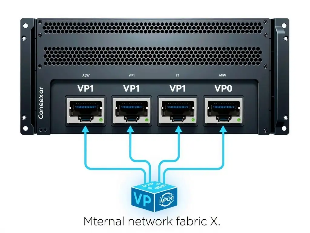 DGX A100 back-panel diagram showing the four Mellanox ConnectX-6 network ports, each labeled with VPI capability. Show how they connect to the external network fabric.