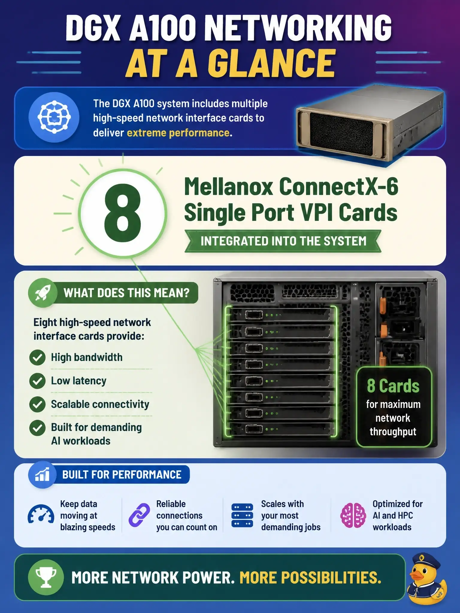 To Create an exciting colorful infographic that explains the concepts in the question: Question: You're reading the specs for a DGX A100 system and you see it includes multiple high-speed network interface cards. Specifically, how many Mellanox ConnectX-6 Single Port VPI cards are integrated into the system? Correct Answer: 8 Put EVERY visible label in double quotes. No people. No A/B/C/D letters. In one of the four corners put a little "Navy Duck".