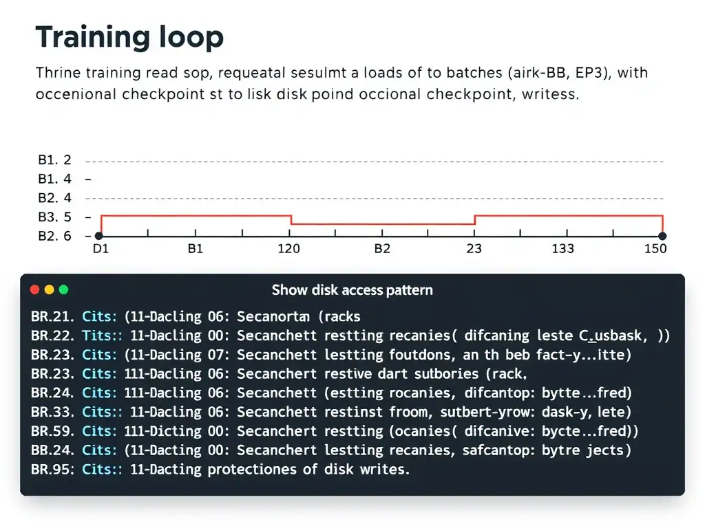 Training loop timeline showing repeated sequential reads of batches (B1, B2, B3, ...), with occasional checkpoint writes. Show disk access pattern: sequential read stream with sparse writes.