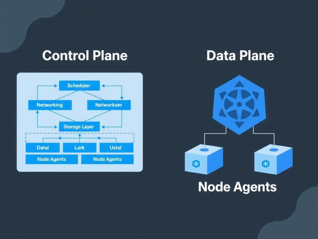 Kubernetes control plane and data plane showing scheduler, networking layer, storage layer, and node agents managing containerized workloads across multiple nodes.