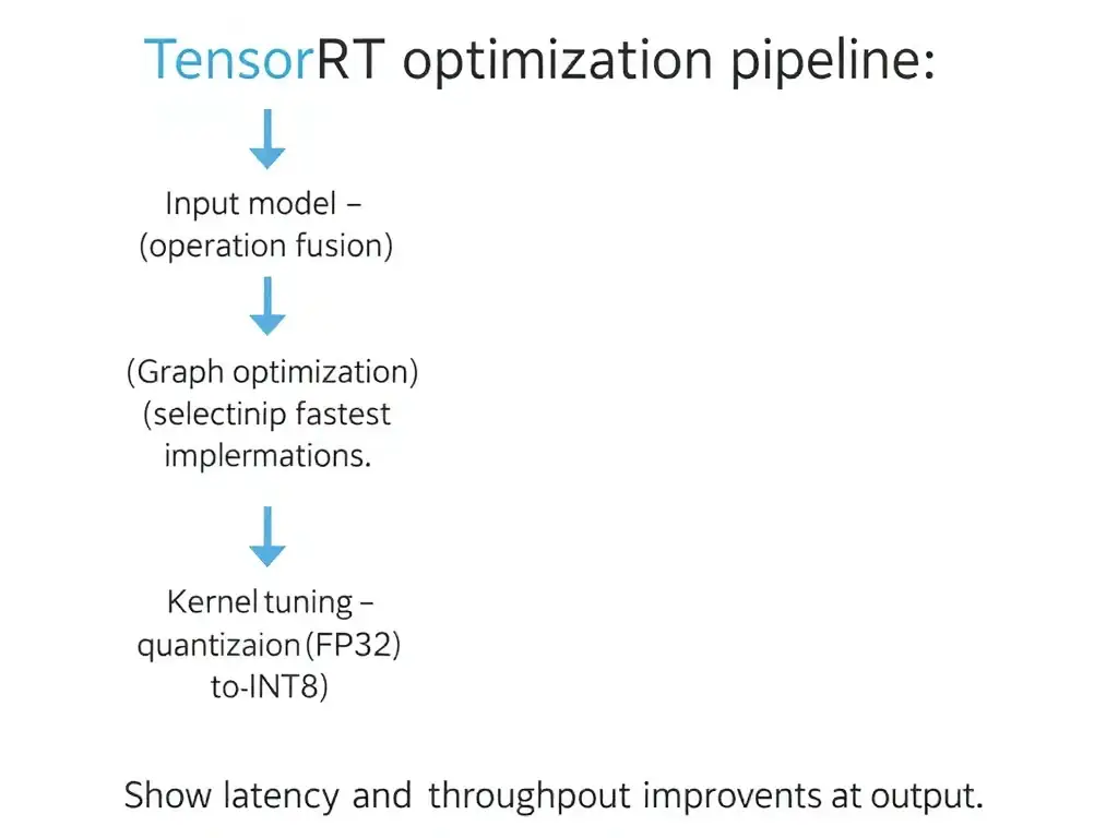 TensorRT optimization pipeline showing input model → graph optimization (operation fusion) → kernel tuning (selection of fastest implementations) → quantization (FP32 to INT8). Show latency and throughput improvements at output.