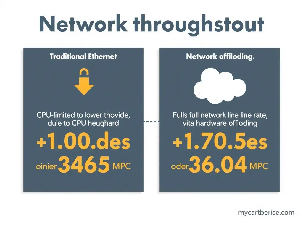 Network throughput comparison showing traditional Ethernet (CPU-limited to lower throughput due to CPU overhead) versus RoCE (achieving full network line rate via hardware offloading).
