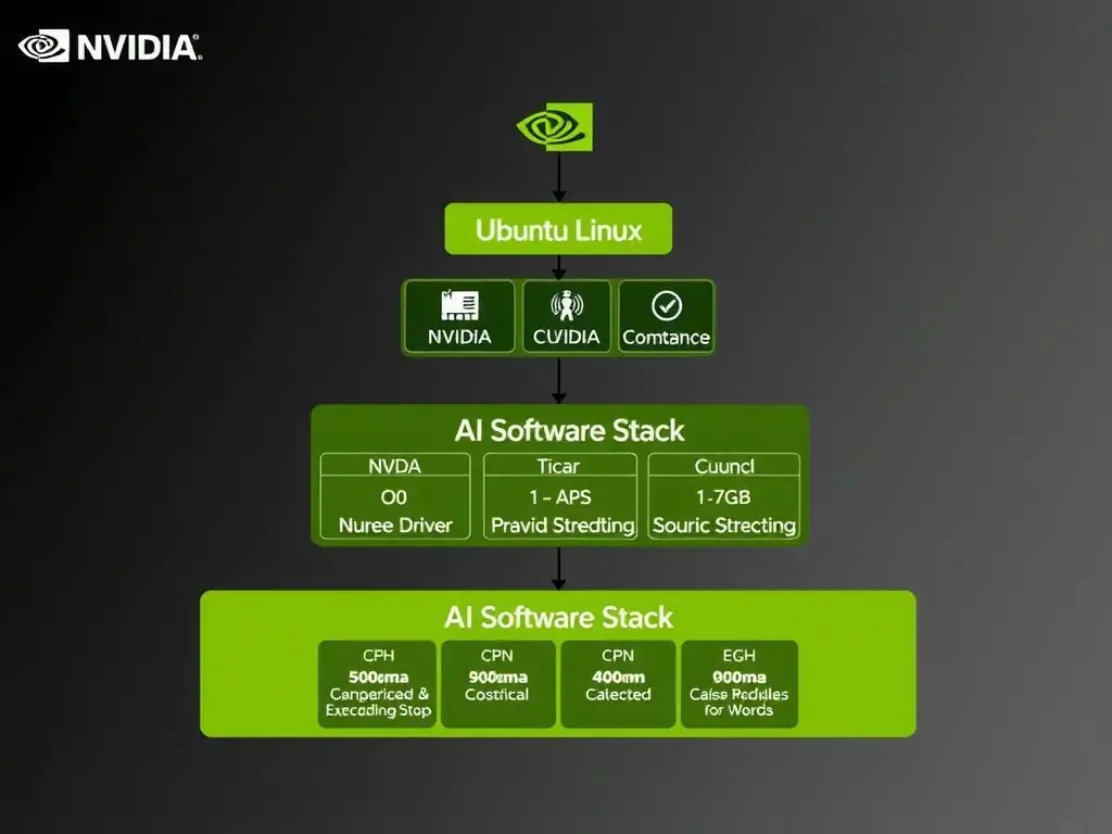 DGX OS stack diagram showing Ubuntu Linux as the base layer, NVIDIA customizations and drivers on top, and AI software stack (CUDA, cuDNN, etc.) at the top.
