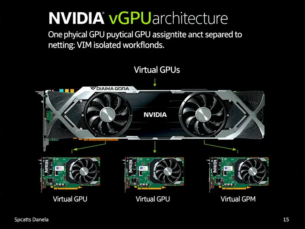 NVIDIA vGPU architecture showing one physical GPU partitioned into multiple virtual GPUs, each assigned to a separate VM with isolated workloads.