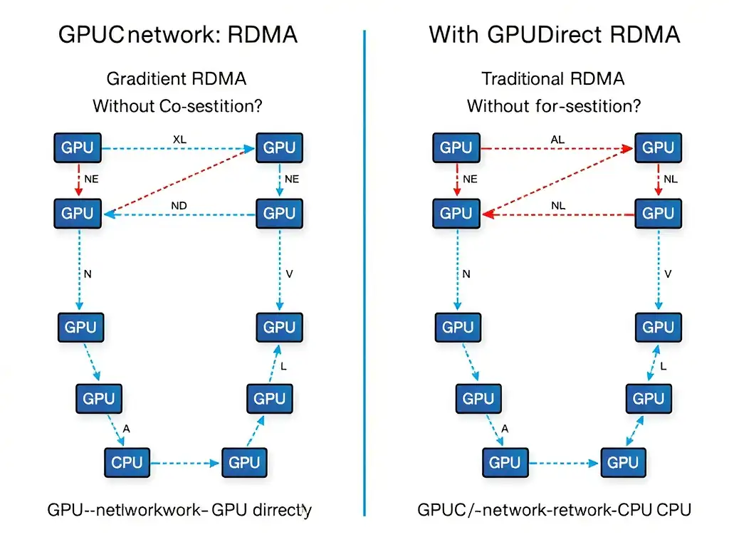 Distributed training scenario showing gradient exchange with and without GPUDirect RDMA. GPUDirect RDMA path shows GPU-network-GPU directly. Traditional path shows GPU-CPU-network-CPU-GPU with higher latency.