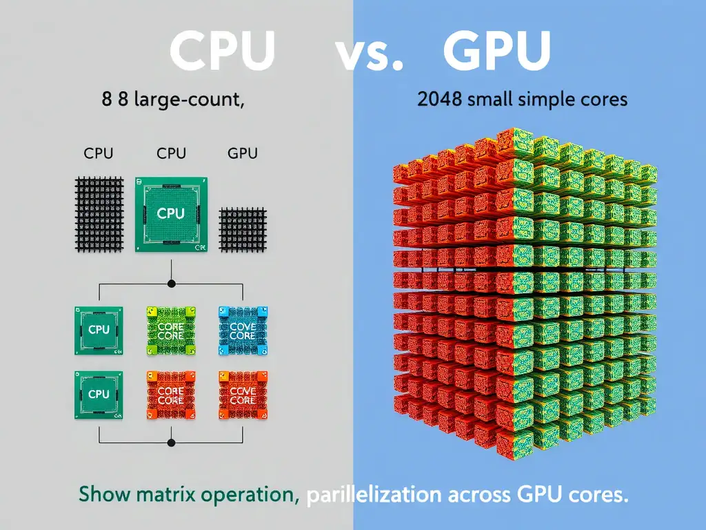 CPU vs. GPU core count and architecture diagram. CPU shown with 8 large, complex cores. GPU shown with 2048 small, simple cores. Show matrix operation parallelization across GPU cores.