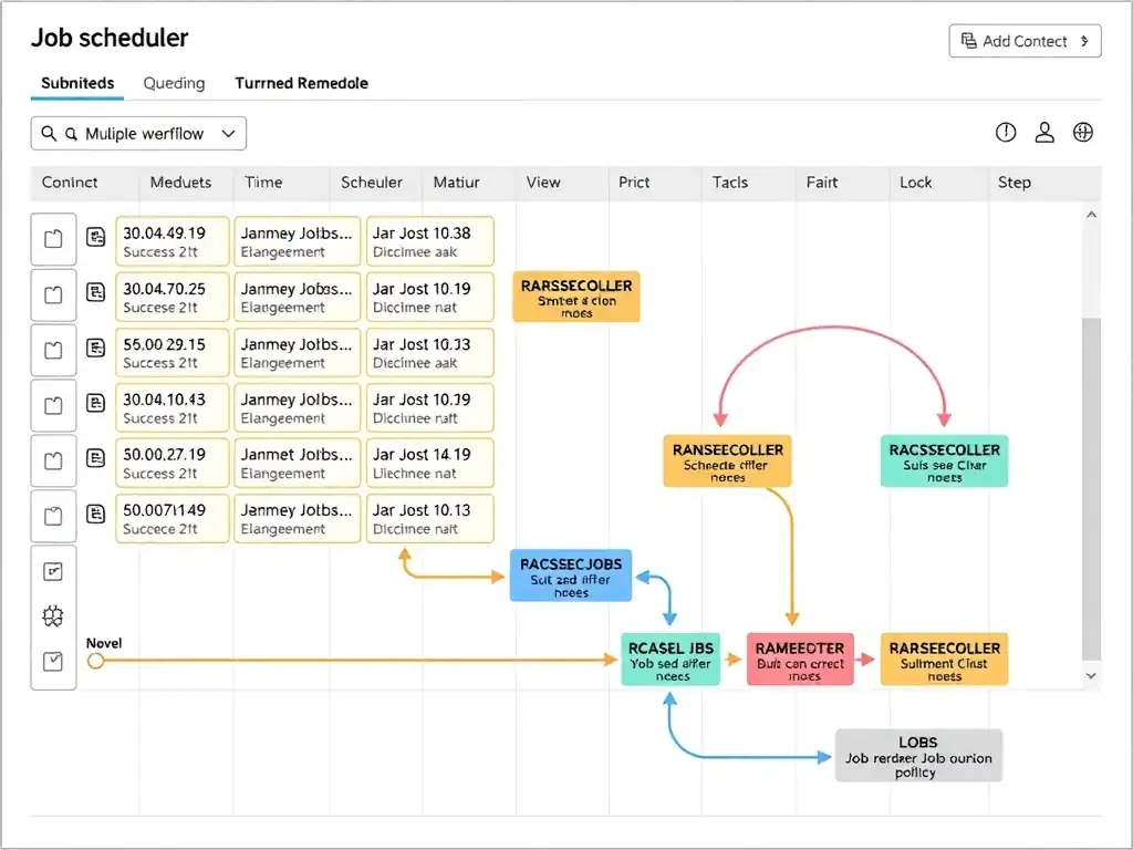 Job scheduler workflow showing multiple submitted jobs queued, scheduler evaluating resource availability and policies, intelligent allocation decisions placing jobs on nodes.