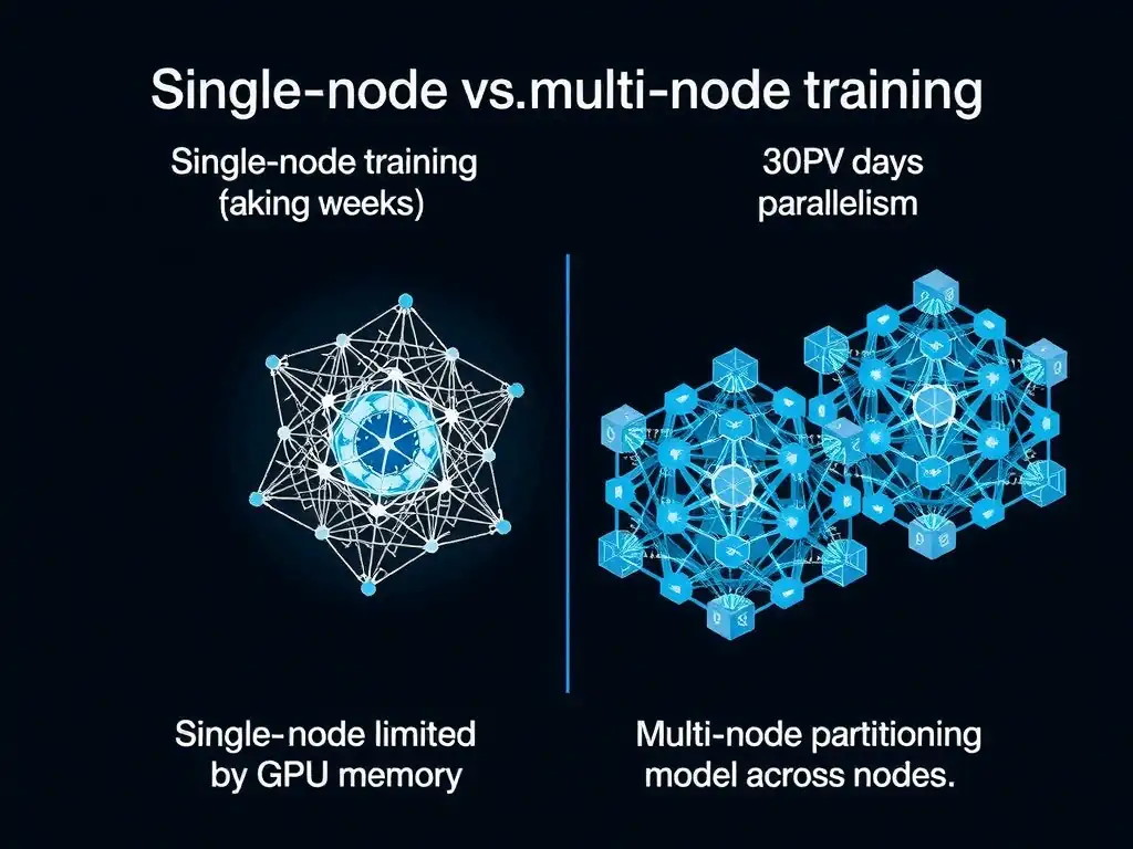 Single-node vs. multi-node training comparison showing single node training taking weeks, multi-node training taking days (via parallelism). Also show model size scaling: single-node limited by GPU memory, multi-node partitioning model across nodes.