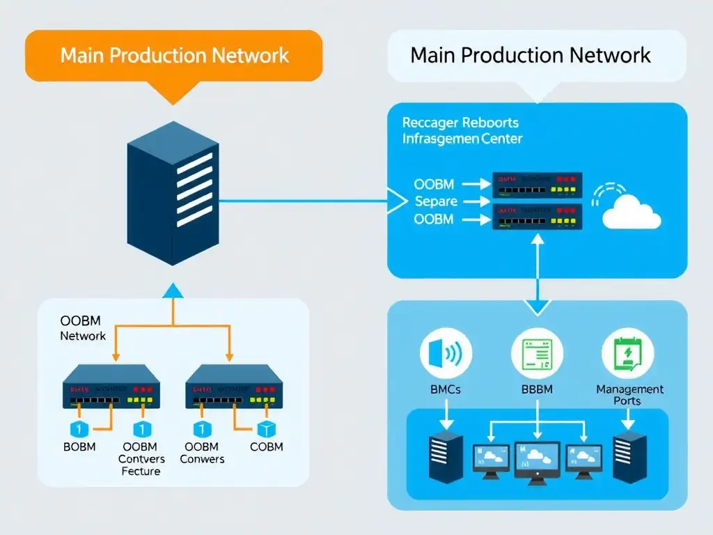Data center network diagram showing main production network and separate OOBM network. Show OOBM connecting to BMCs, management ports on switches, and infrastructure management tools. Show how OOBM remains functional even if production network fails.