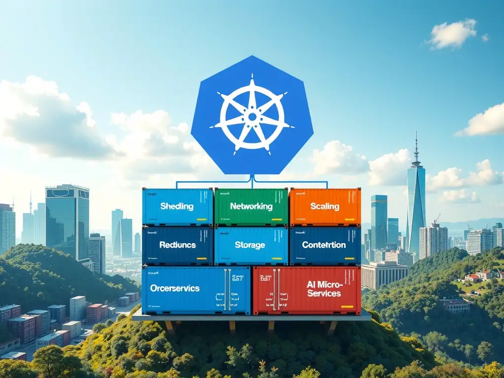 Kubernetes ecosystem diagram showing container orchestration capabilities (scheduling, networking, storage, scaling) managing AI microservices across multiple nodes.