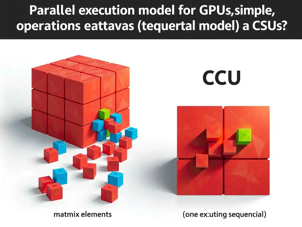 Parallel execution model for GPUs vs. sequential model for CPUs. Show GPU executing thousands of simple operations in parallel (matrix elements), CPU executing sequentially (one at a time).