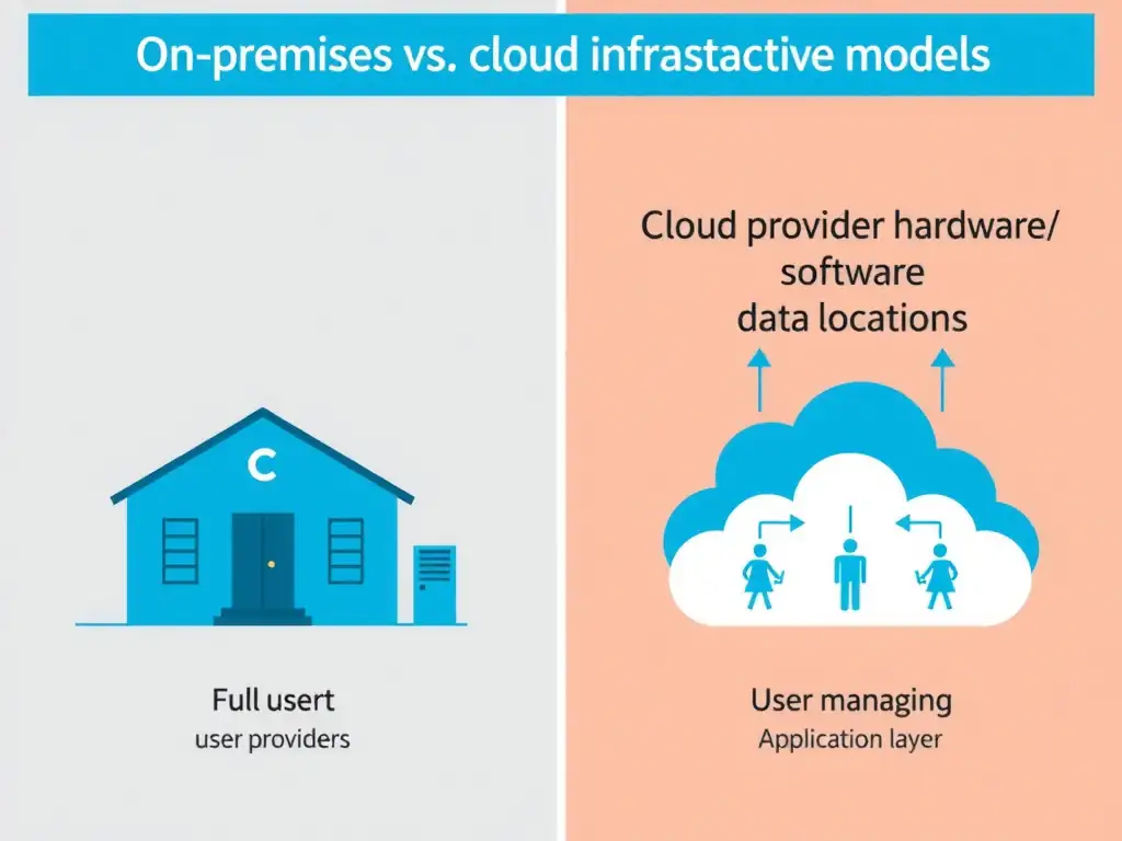 On-premises vs. cloud infrastructure control models. On-premises showing full user control over hardware, software, data location. Cloud showing cloud provider managing hardware/infrastructure, user managing application layer.