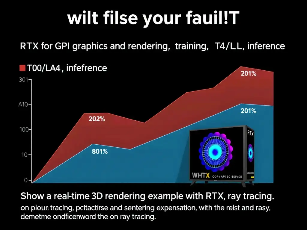 GPU workload segmentation showing RTX for graphics and rendering, H100/A100 for training, T4/L4 for inference. Show a real-time 3D rendering example on RTX with ray tracing.