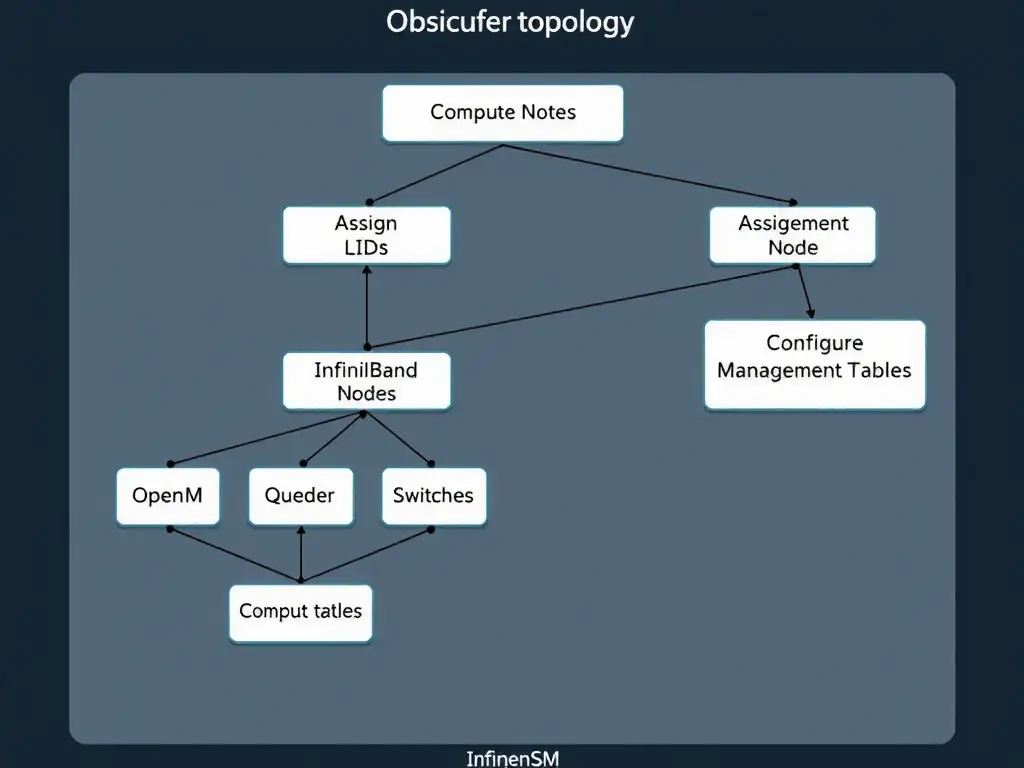 InfiniBand fabric topology showing multiple switches and compute nodes, with OpenSM (running on a management node) discovering topology, assigning LIDs, and configuring routing tables.
