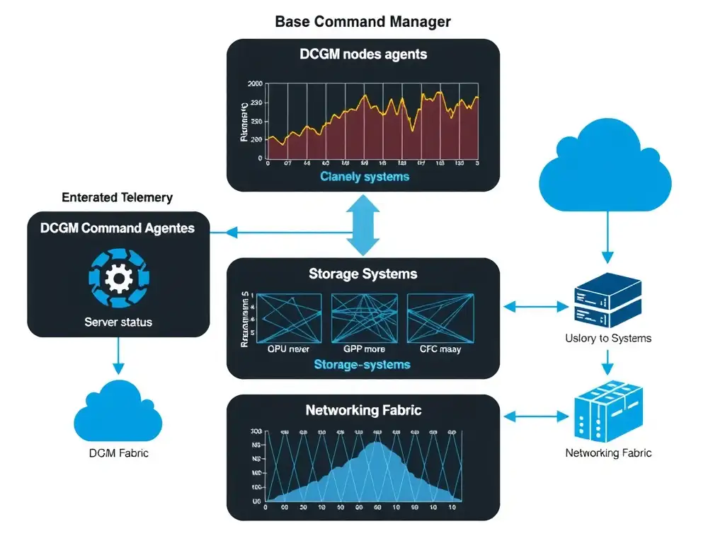 Base Command Manager architecture showing aggregated telemetry from DCGM agents on GPU nodes, server status, storage systems, and networking fabric, presented in a centralized dashboard.