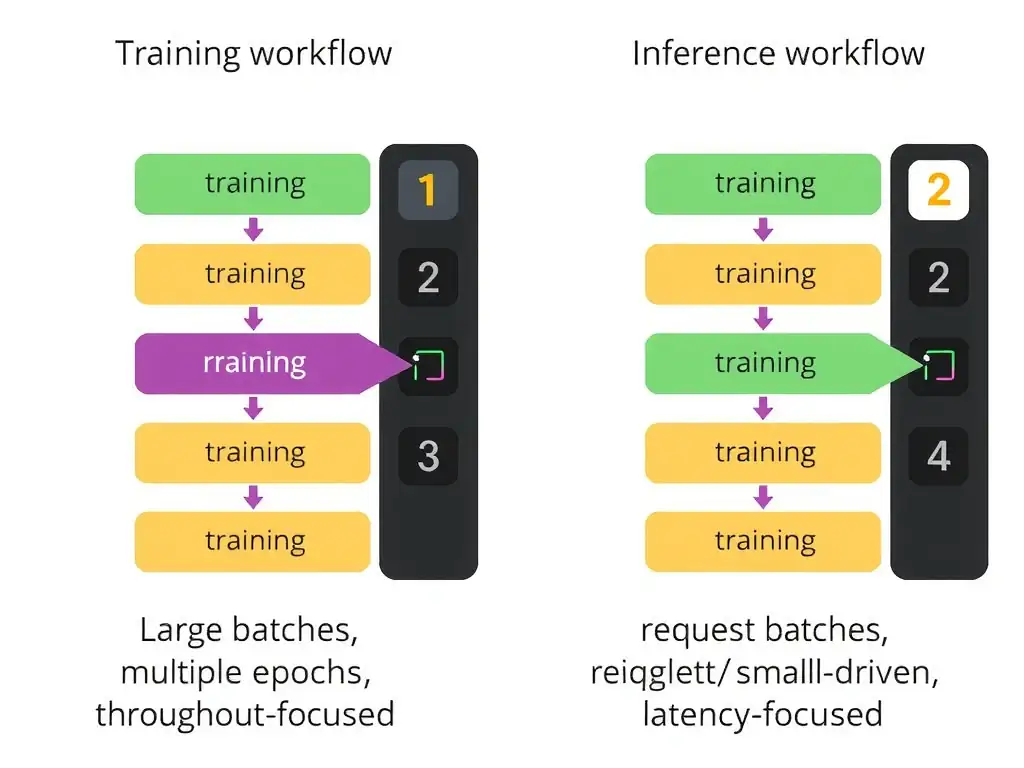 Side-by-side comparison of training workflow (large batches, multiple epochs, throughput-focused) and inference workflow (single/small batches, request-driven, latency-focused).