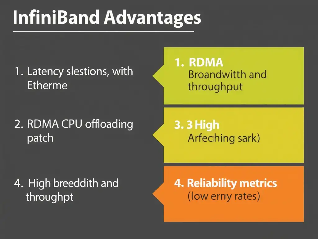 InfiniBand advantages summary showing (1) latency comparison with Ethernet, (2) RDMA CPU offloading path, (3) high bandwidth and throughput, (4) reliability metrics (low error rates).