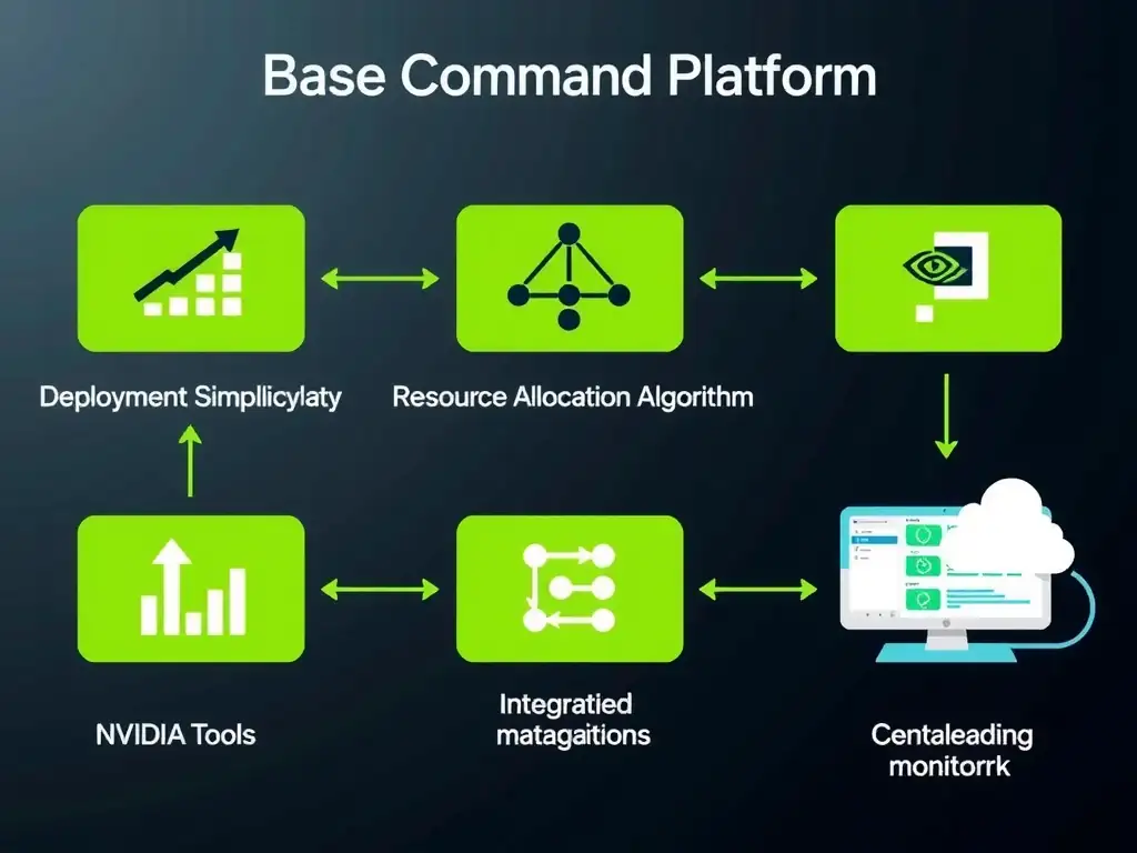 Base Command Platform workflow showing deployment simplification, resource allocation algorithm, integration with NVIDIA tools, and centralized monitoring dashboard.