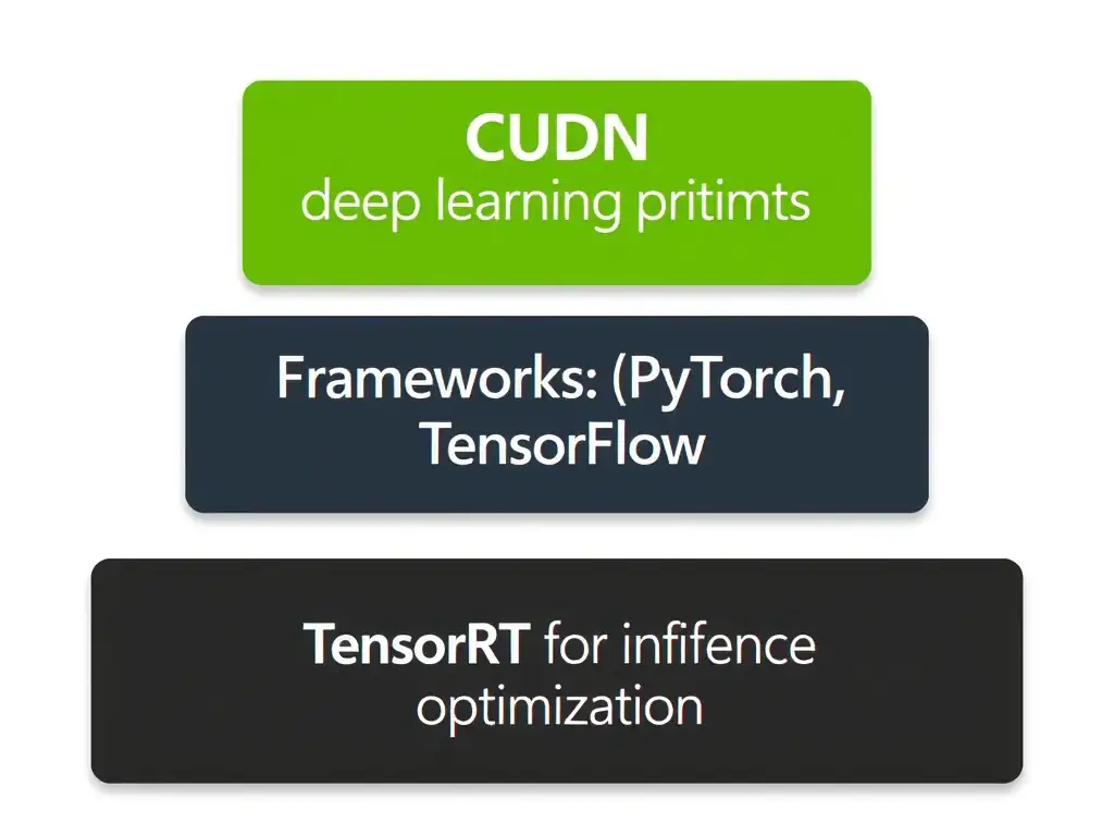 NVIDIA software stack showing CUDA at the base, cuDNN providing specialized deep learning primitives, frameworks (PyTorch, TensorFlow) using cuDNN, and TensorRT for inference optimization layered on top.