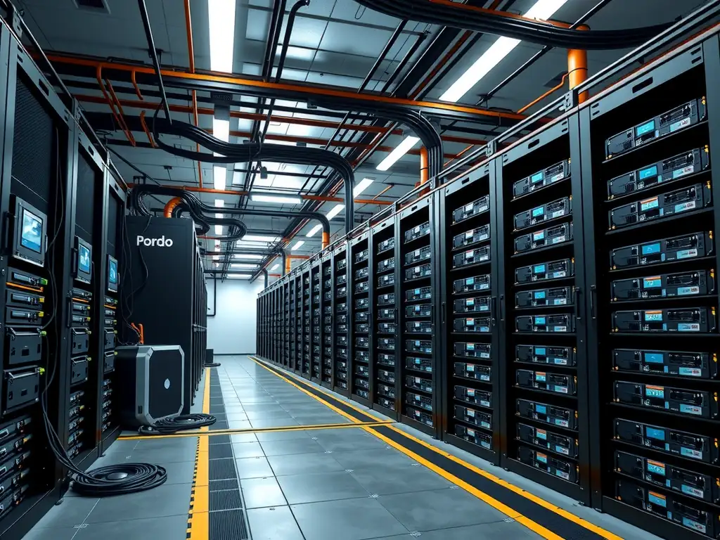 Data center high-density scenario showing power distribution panels, cooling infrastructure, and rack space packed with GPU systems. Highlight the three constraints: power cables/PSUs, cooling equipment, and physical rack density.