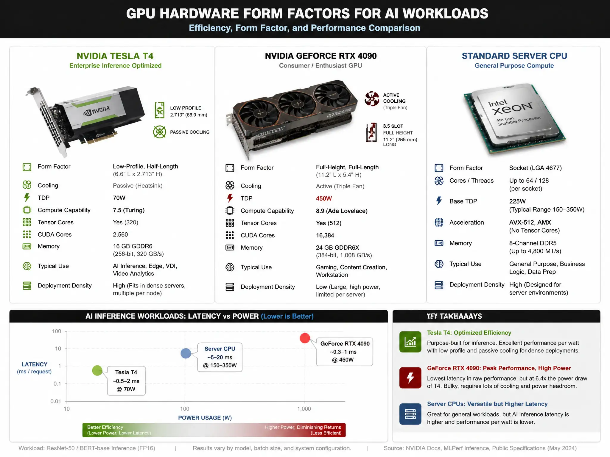 Comparison diagram of GPU hardware form factors for AI workloads: highlighting the enterprise Tesla T4 (low-profile, passive cooling, 70W TDP, Tensor Cores) versus a bulky actively cooled consumer GeForce GPU (450W TDP) and standard server CPUs, mapping out latency vs power usage.