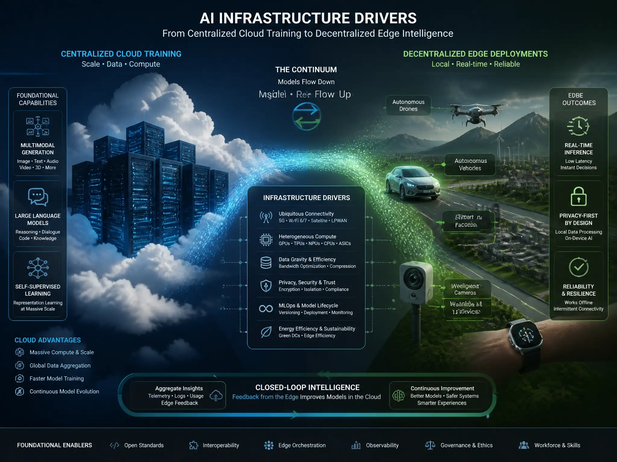 A visual landscape of modern AI infrastructure drivers: connecting centralized cloud training (multimodal generation, large language models, self-supervised learning) to decentralized edge deployments (autonomous devices, privacy-focused localized inference).