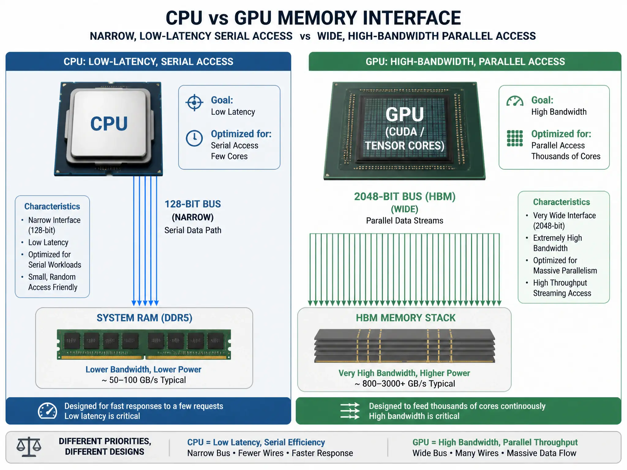 Diagram comparing CPU and GPU memory interfaces: showing a CPU with a narrow bus (e.g., 128-bit) focused on low-latency serial access to system RAM, contrasted with a GPU using a wide bus (e.g., 2048-bit HBM) supporting high-bandwidth parallel streams to feed thousands of CUDA/Tensor cores.