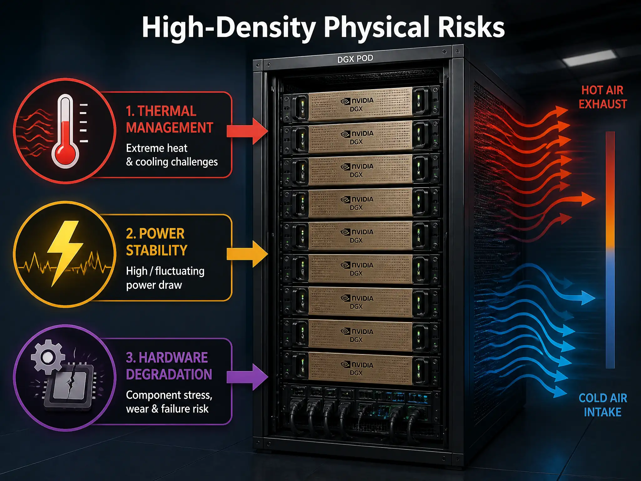 An illustration of a high-density server rack containing multiple DGX units. Show three primary warning symbols pointing to the rack: (1) a thermometer indicating extreme heat with cooling flow lines (Thermal Management), (2) a lightning bolt representing high/fluctuating power draw (Power Stability), and (3) an icon showing hardware stress or component wear (Hardware Degradation). Label this 'High-Density Physical Risks'.