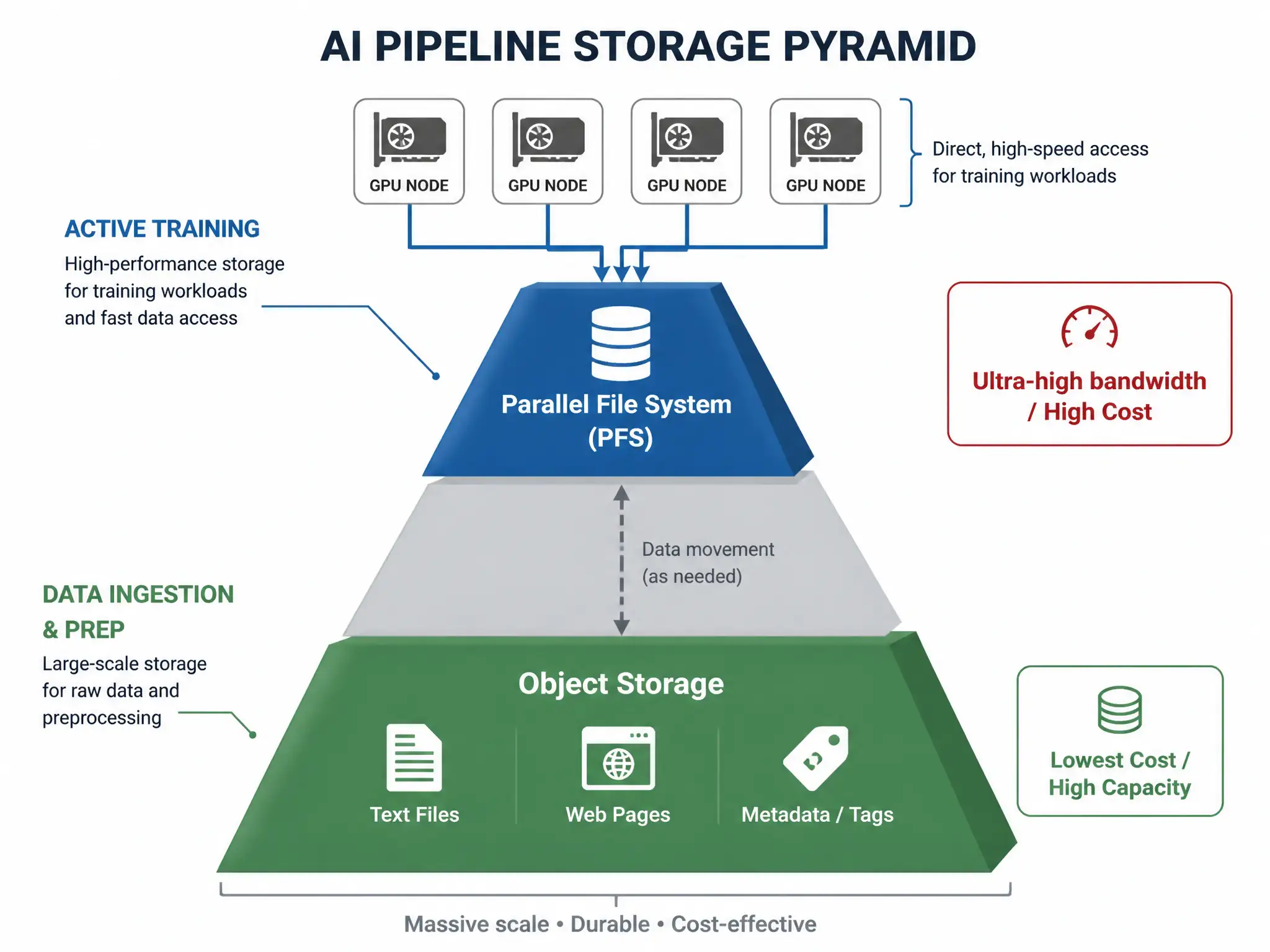 A multi-tier storage pyramid for AI pipelines. The bottom tier (Data Ingestion & Prep) is wide, labeled 'Object Storage' with icons for text files, web pages, and metadata tags, highlighted as 'Lowest Cost / High Capacity'. The middle/top tier (Active Training) is narrow, labeled 'Parallel File System (PFS)' with direct connections to GPU nodes, highlighted as 'Ultra-high bandwidth / High Cost'.