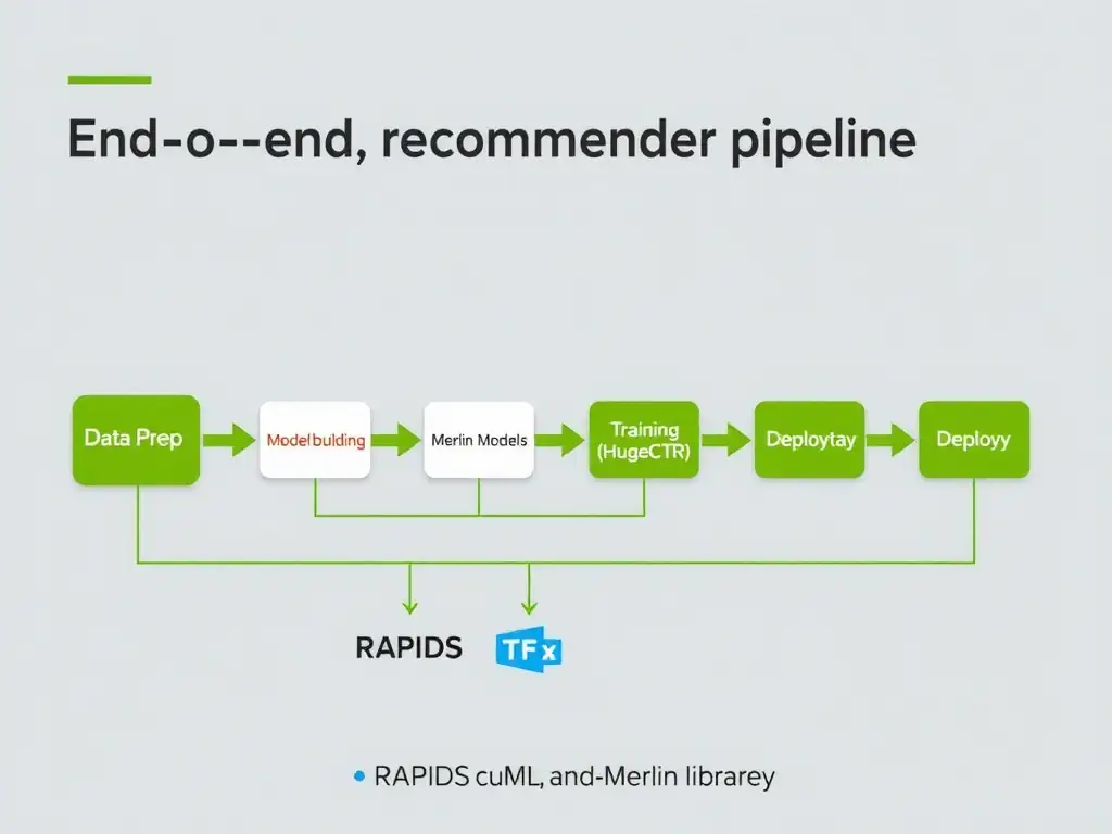 An end-to-end recommender system pipeline illustrating the NVIDIA Merlin ecosystem. Show the stages: Data Prep (NVTabular), Model building (Merlin Models), Training (HugeCTR), and Deployment (Merlin Systems), while showing RAPIDS cuML and TFX as external, non-Merlin libraries.
